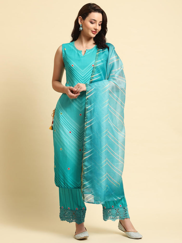 Women Blue Geometric Print Kurta Comfort Pant Dupatta.