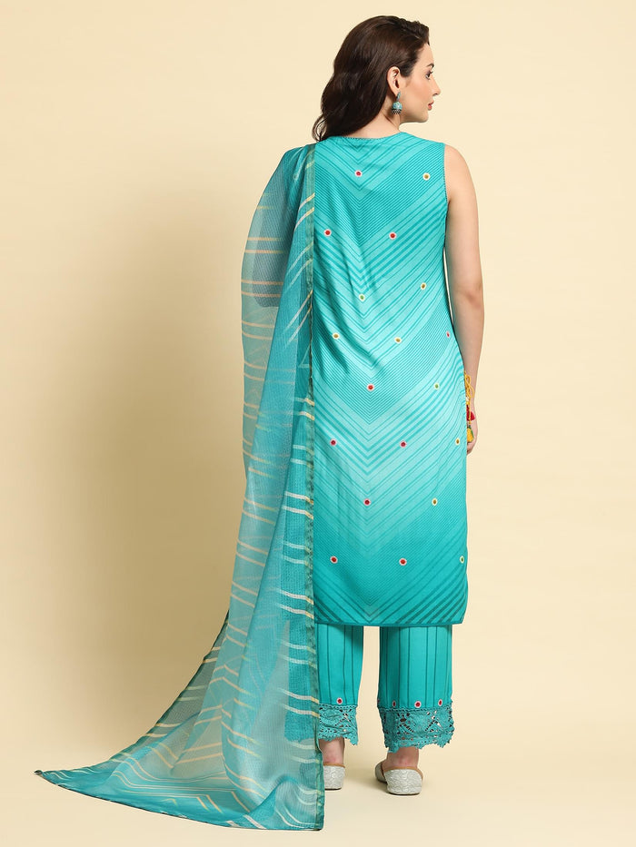 Women Blue Geometric Print Kurta Comfort Pant Dupatta.