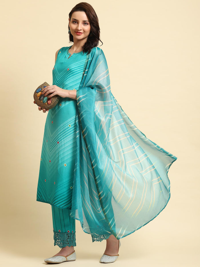 Women Blue Geometric Print Kurta Comfort Pant Dupatta.
