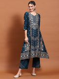 Women Blue Geometric Print Kurta With Comfort Pant.