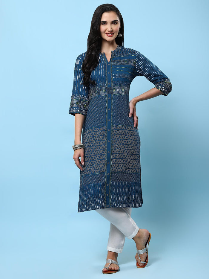 Women Blue Geometric Printed Kurta.