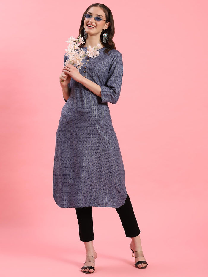 Women Blue Mandarin Collar Kurta.
