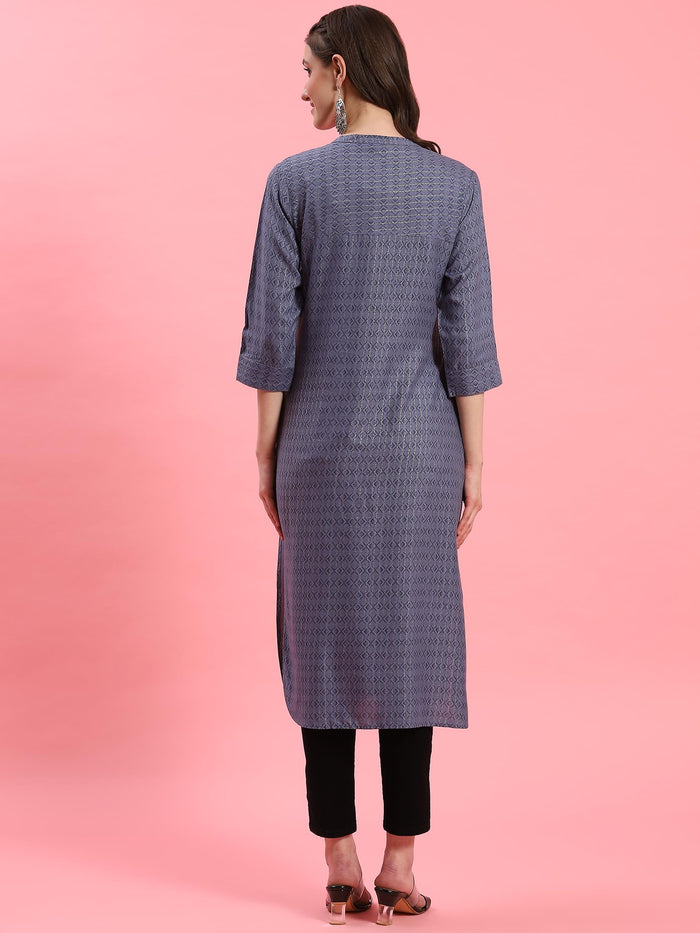 Women Blue Mandarin Collar Kurta.