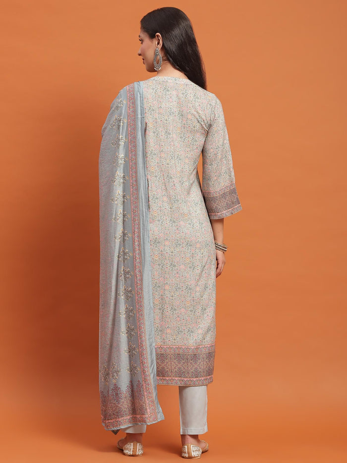 Women Blue Ornamental Print Kurta Trouser Dupatta.