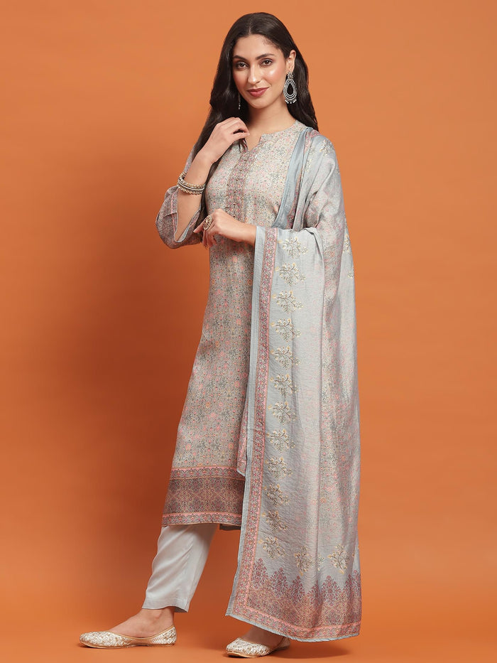 Women Blue Ornamental Print Kurta Trouser Dupatta.