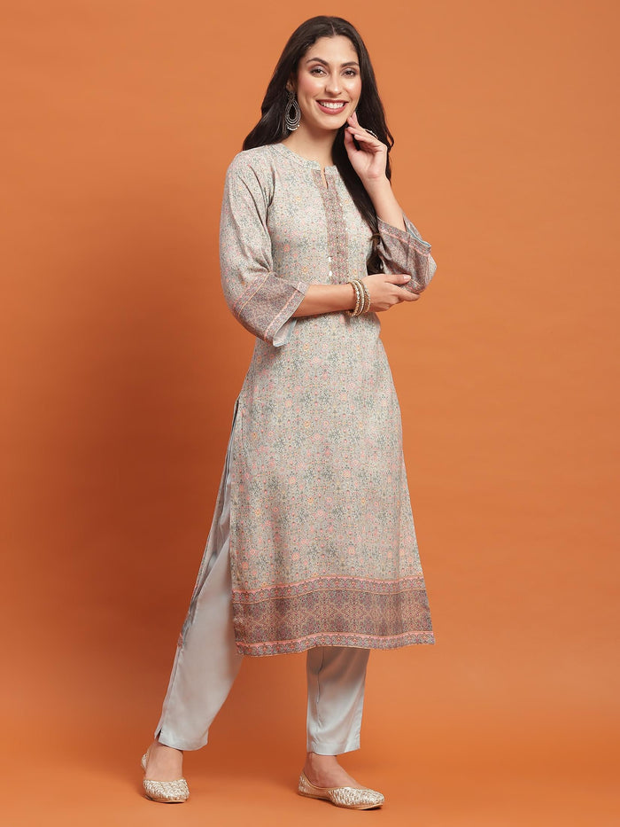 Women Blue Ornamental Print Kurta Trouser Dupatta.