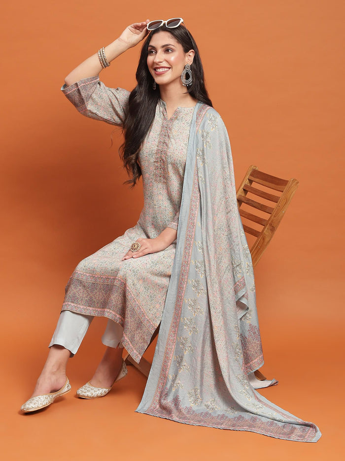 Women Blue Ornamental Print Kurta Trouser Dupatta.