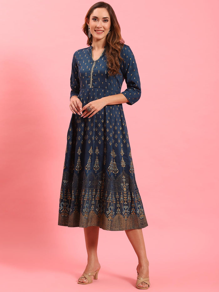 Women Blue Ornamental Printed Dress.