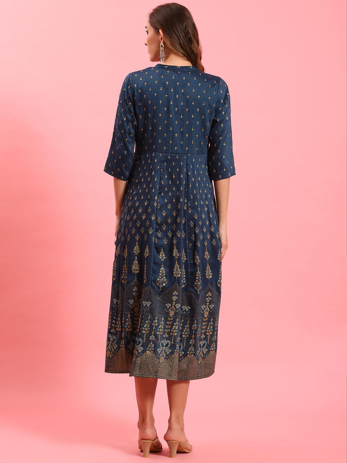 Women Blue Ornamental Printed Dress.