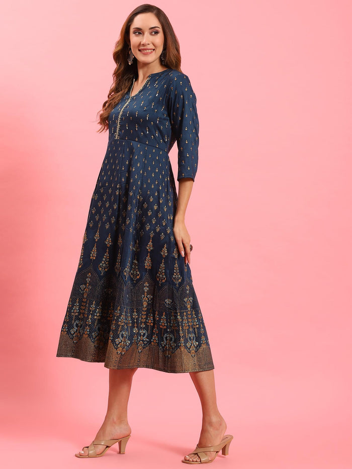 Women Blue Ornamental Printed Dress.