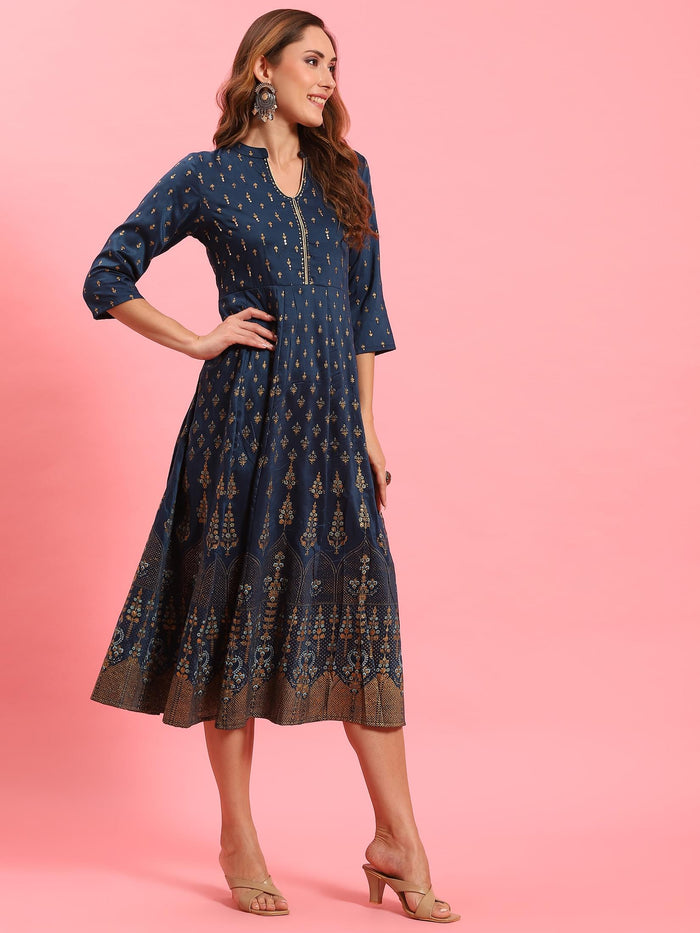 Women Blue Ornamental Printed Dress.