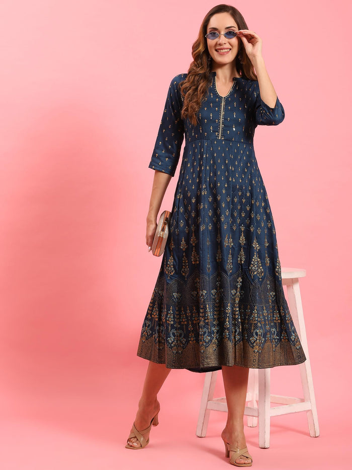 Women Blue Ornamental Printed Dress.