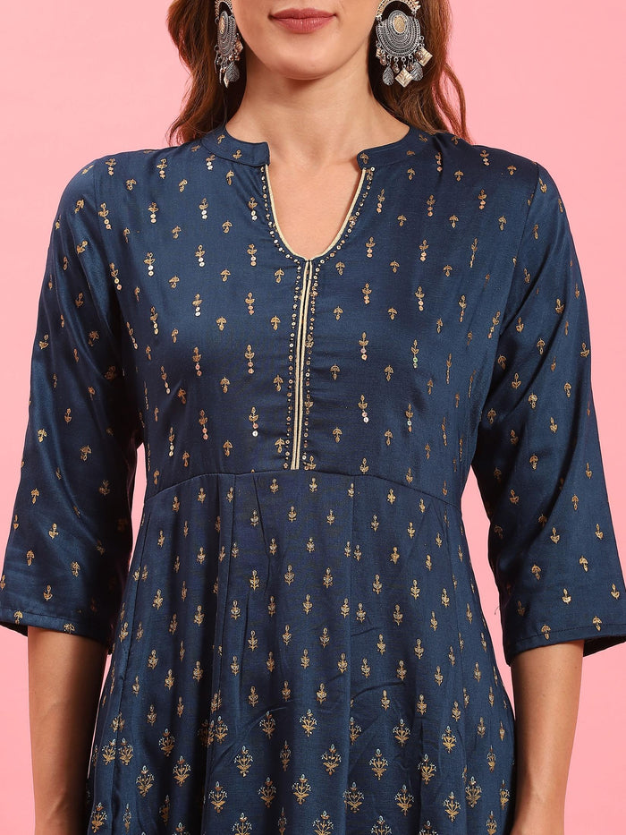 Women Blue Ornamental Printed Dress.