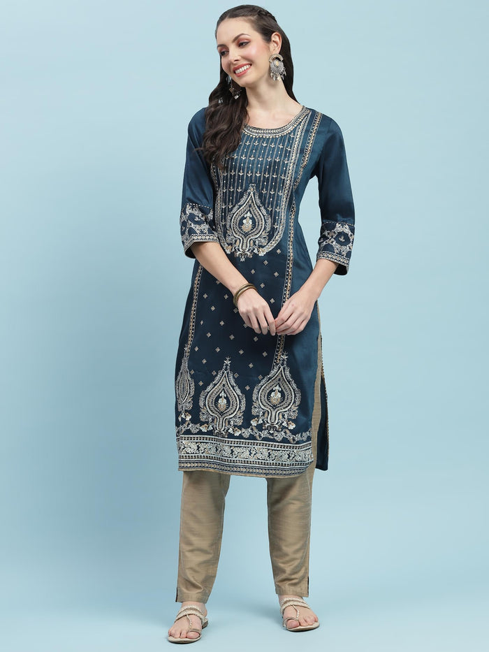 Women Blue Ornamental Printed Kurta.