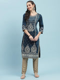 Women Blue Ornamental Printed Kurta.