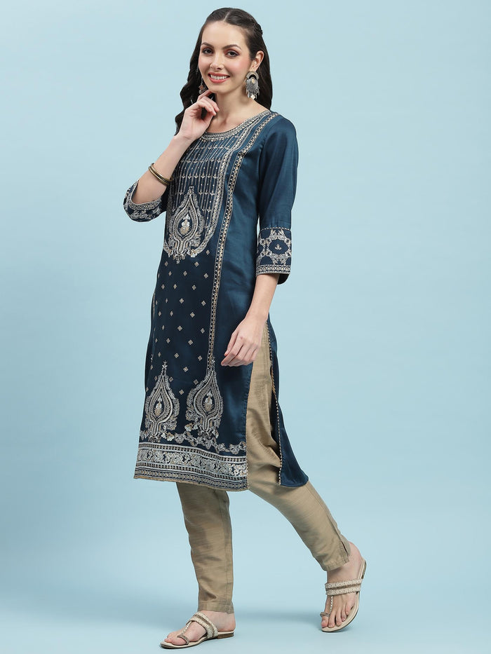 Women Blue Ornamental Printed Kurta.