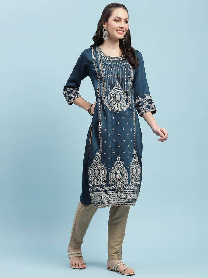 Women Blue Ornamental Printed Kurta.