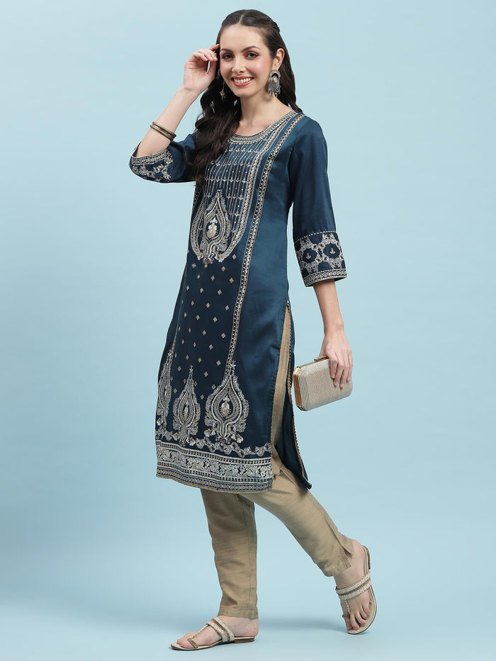 Women Blue Ornamental Printed Kurta.