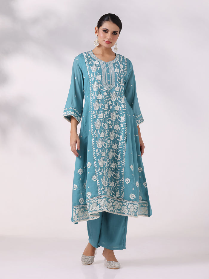 Women Blue Poly Viscose Embroidered Kurta Comfort Pant Dupatta