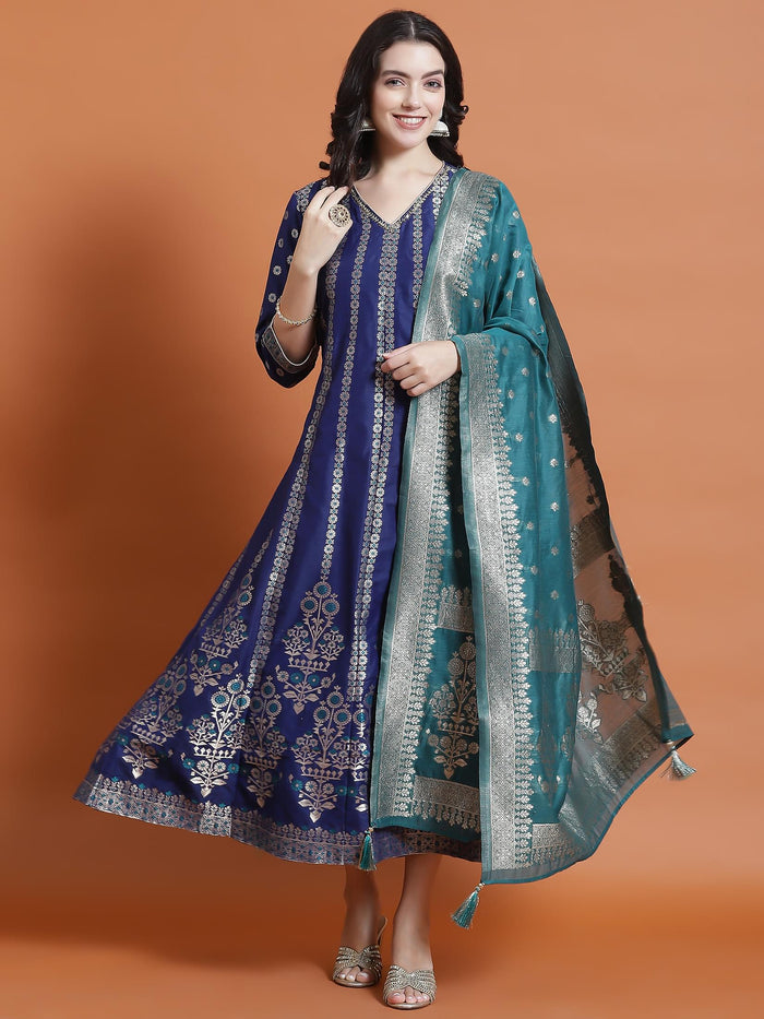 Women Blue Printed Dress With Dupatta.