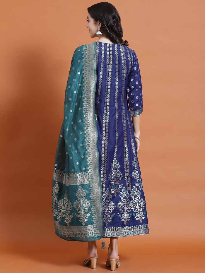 Women Blue Printed Dress With Dupatta.