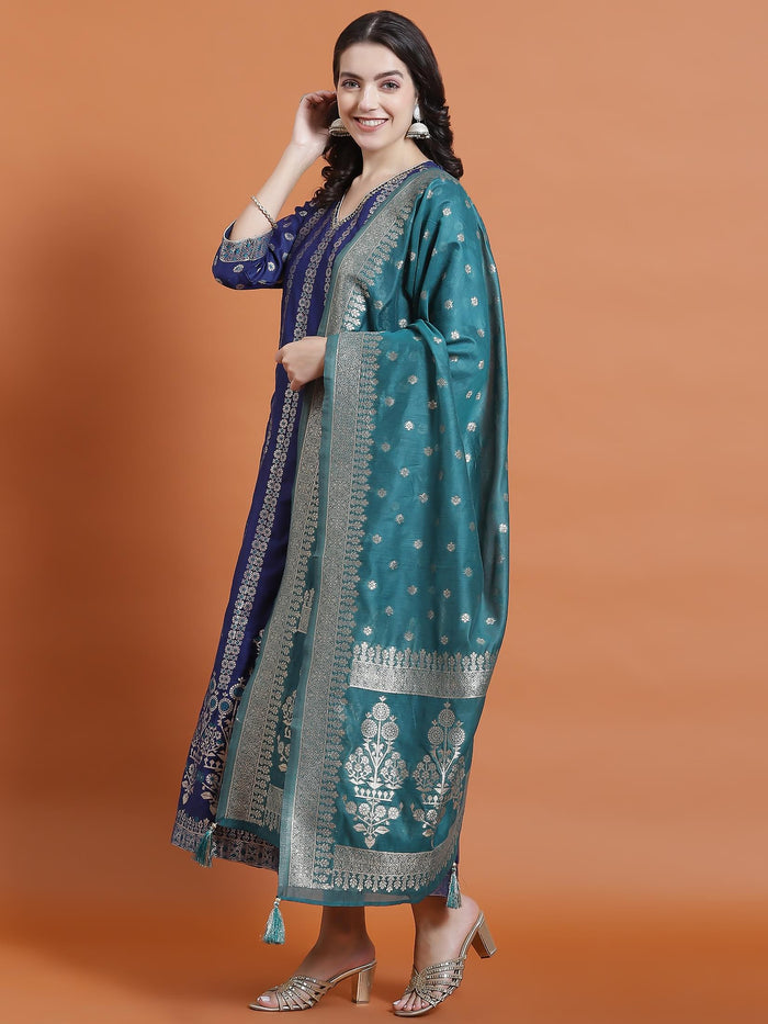 Women Blue Printed Dress With Dupatta.