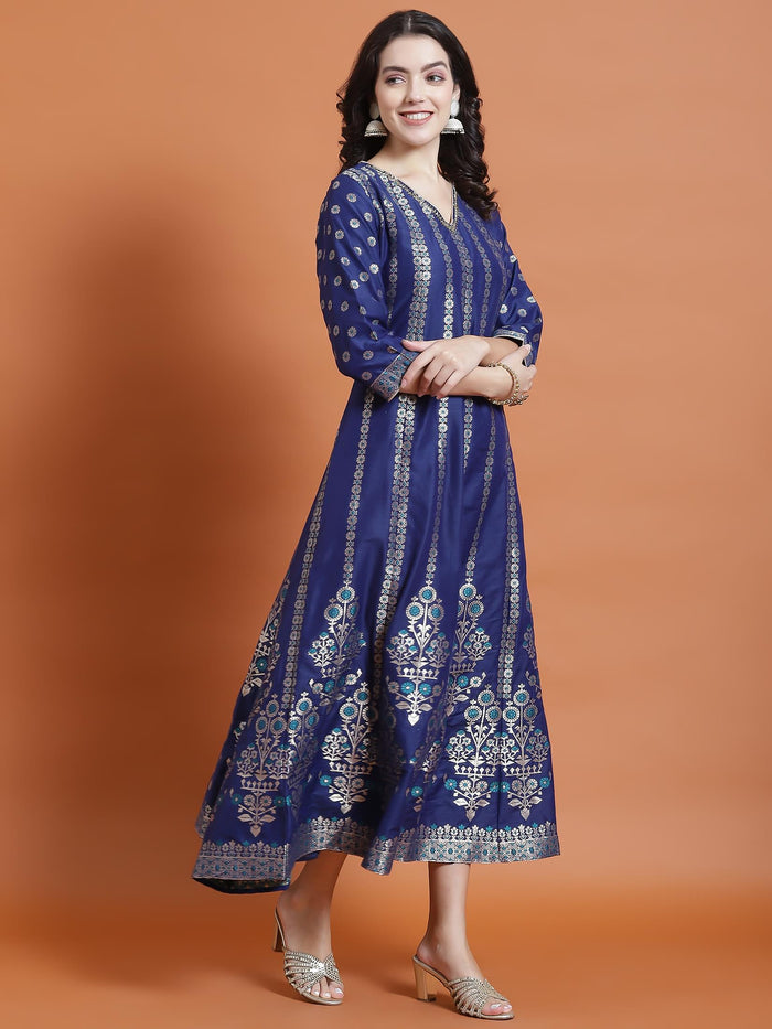 Women Blue Printed Dress With Dupatta.