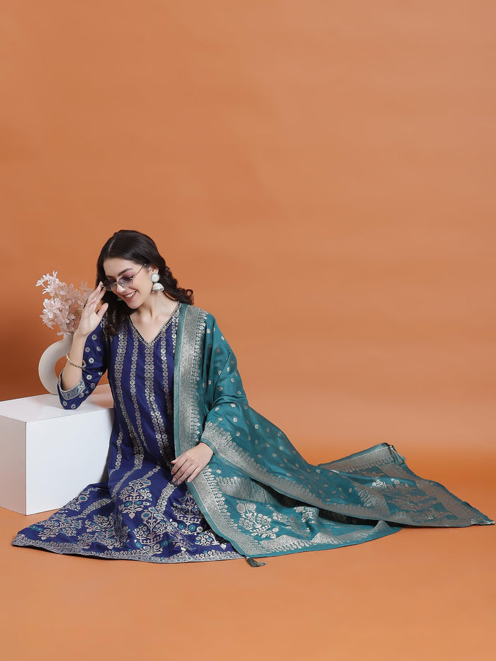 Women Blue Printed Dress With Dupatta.