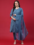 Women Blue Printed Kurta Comfort Pant Dupatta.