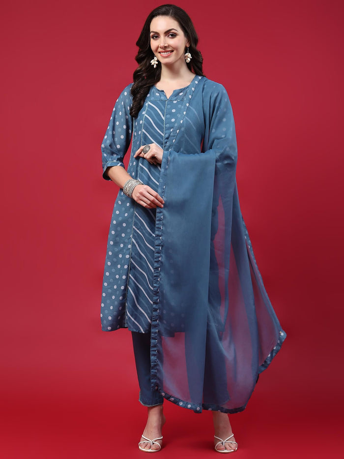 Women Blue Printed Kurta Comfort Pant Dupatta.