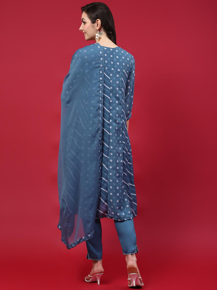 Women Blue Printed Kurta Comfort Pant Dupatta.