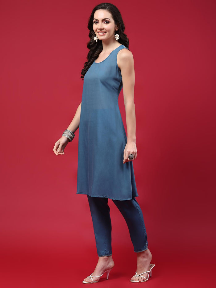Women Blue Printed Kurta Comfort Pant Dupatta.