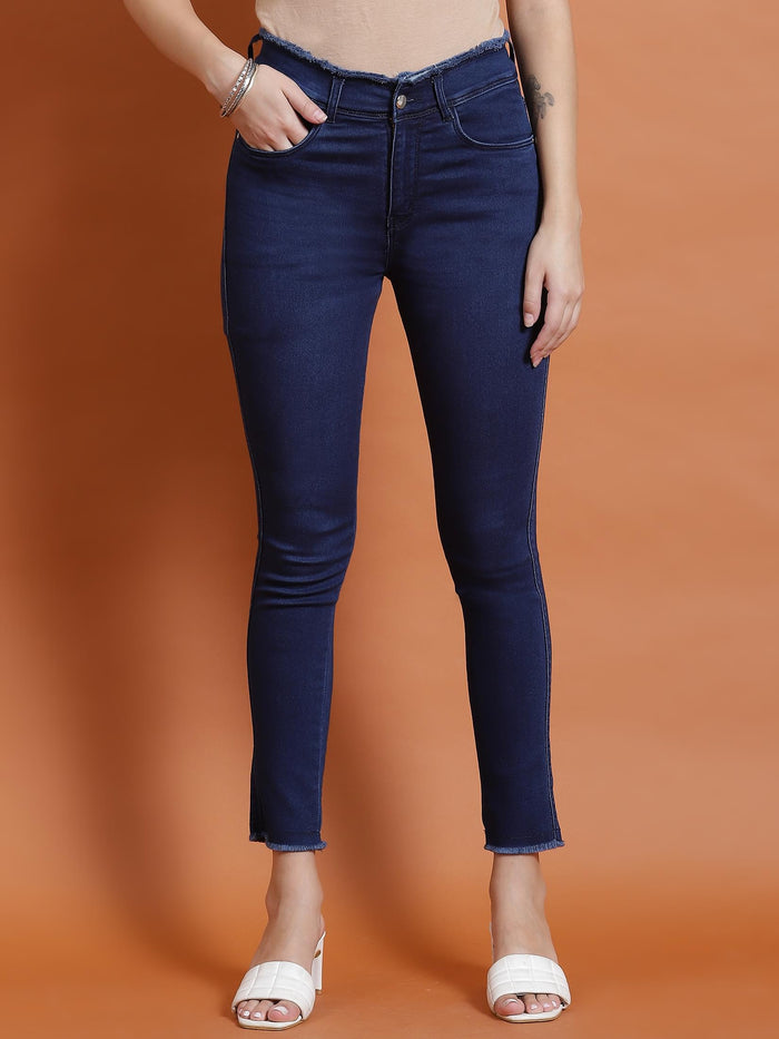 Women Blue Solid Narrow Fringe Jegging.