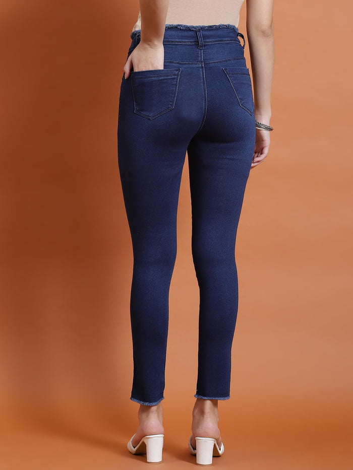 Women Blue Solid Narrow Fringe Jegging.