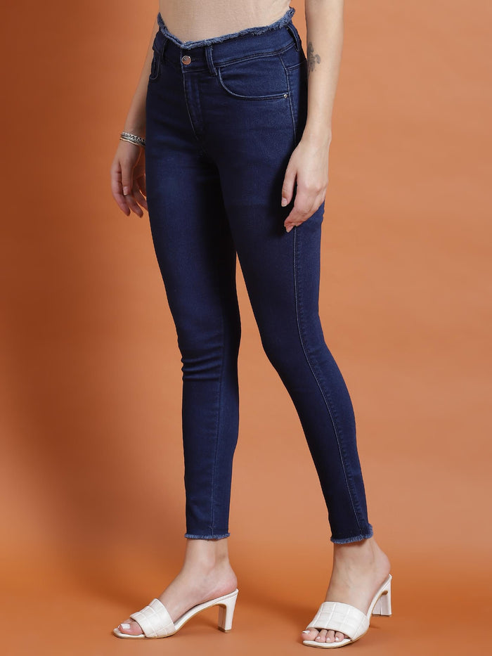 Women Blue Solid Narrow Fringe Jegging.