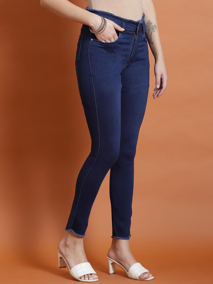 Women Blue Solid Narrow Fringe Jegging.