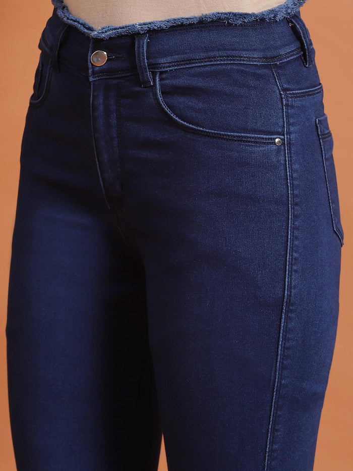 Women Blue Solid Narrow Fringe Jegging.