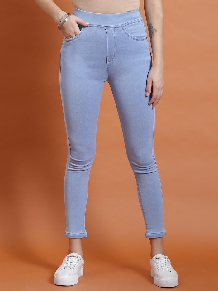 Women Blue Solid Narrow Jegging.
