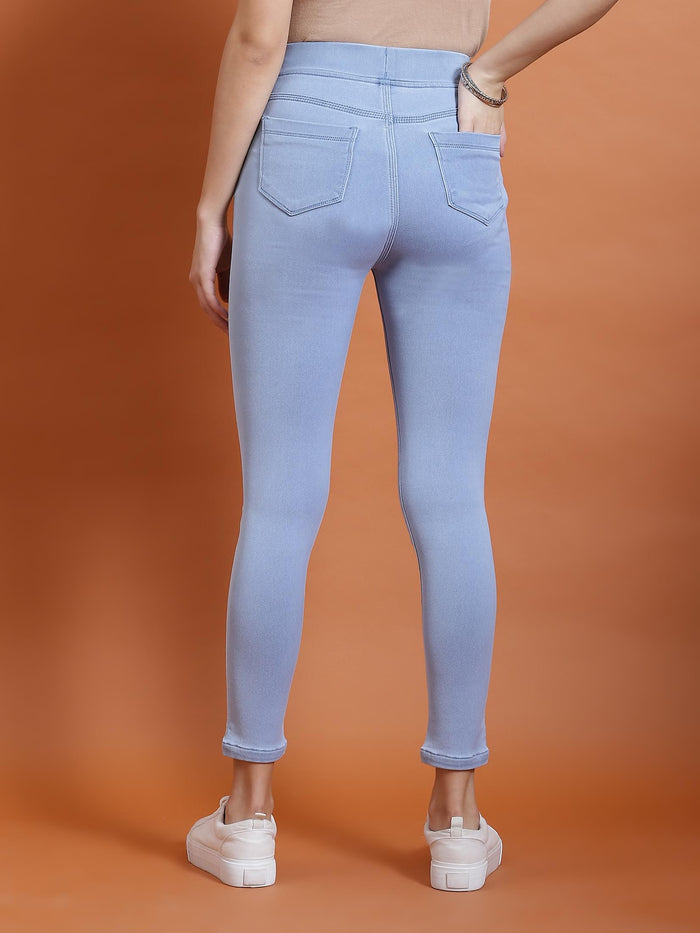 Women Blue Solid Narrow Jegging.