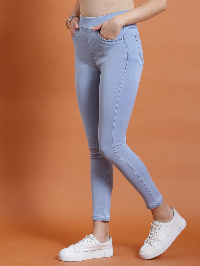 Women Blue Solid Narrow Jegging.