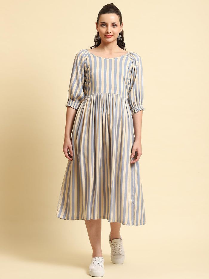 Women Blue Stripe Printed Dress.