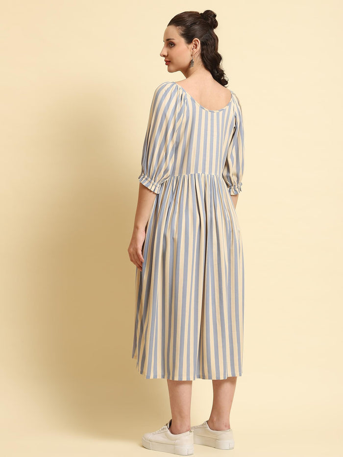 Women Blue Stripe Printed Dress.