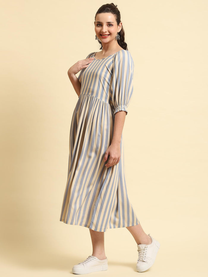 Women Blue Stripe Printed Dress.
