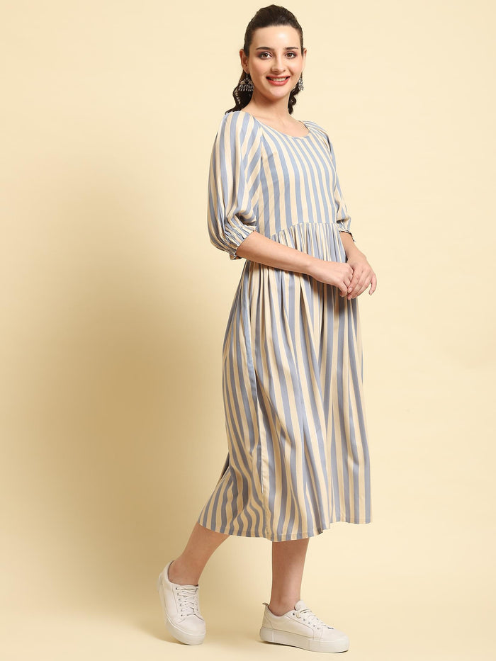 Women Blue Stripe Printed Dress.