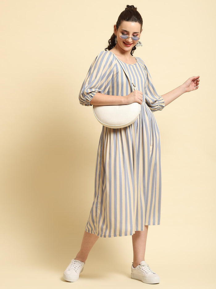 Women Blue Stripe Printed Dress.
