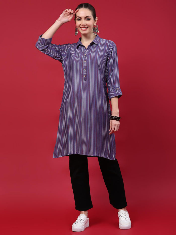 Women Blue Stripe Printed Kurti.