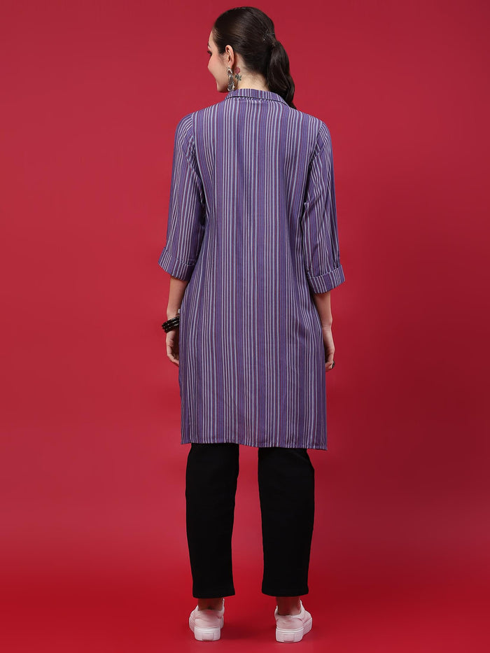 Women Blue Stripe Printed Kurti.
