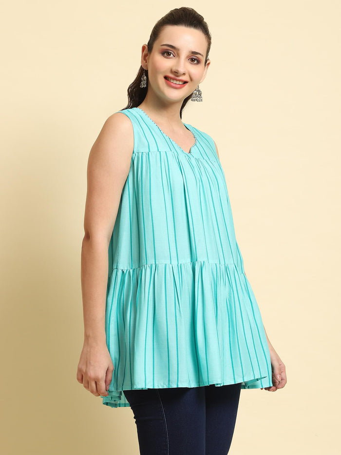 Women Blue Stripe Printed Tunic.