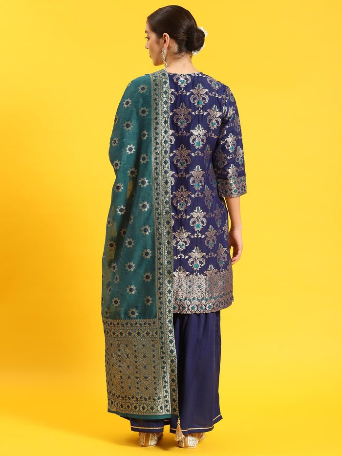 Women Blue Woven Print Kurti Sharara Dupatta.