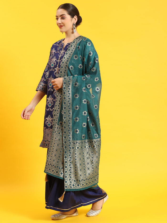Women Blue Woven Print Kurti Sharara Dupatta.